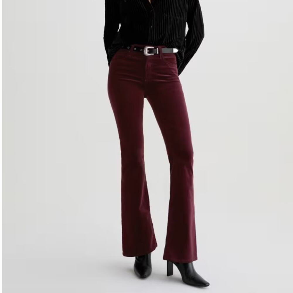 AG Farrah Velvet Mid-Rise Boot Pants Womens 27x32 Winery Red Stretch Flared